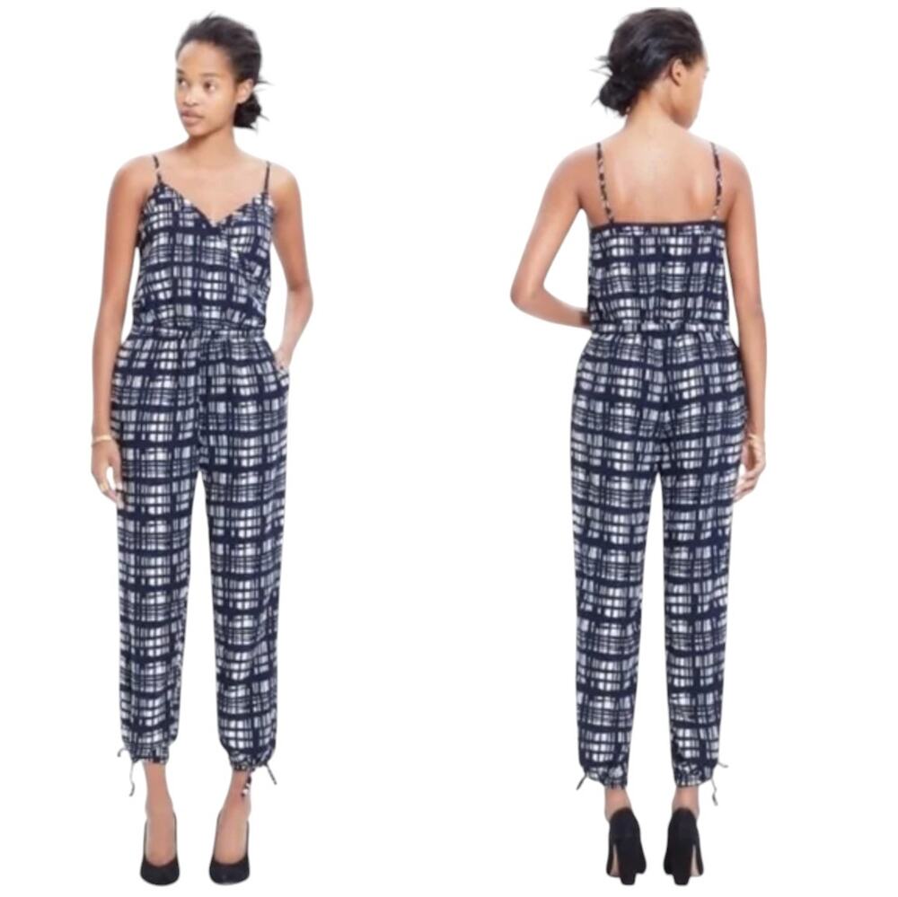 Madewell Navy Blue Brushstroke Plaid Sleeveless Ankle Tie Jumpsuit